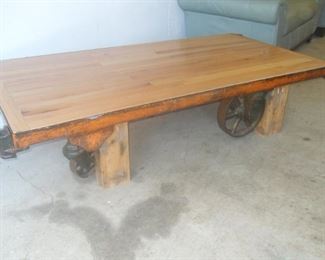 Hand made table made from rail cart