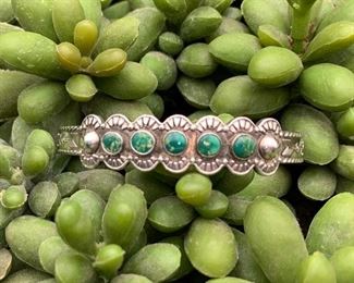Vintage sterling silver snake eyes cuff bracelet with green turquoise, Native American Zuni