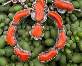 Vintage sterling silver and coral statement squash blossom necklace, Native American Navajo