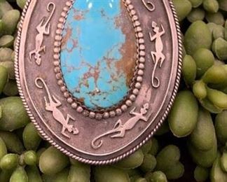 Vintage sterling silver and turquoise statement necklace with lizard motif, Native American