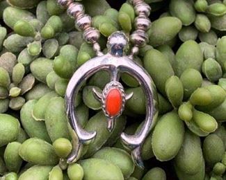 Vintage sterling silver and coral necklace with naja pendant, Native American Navajo