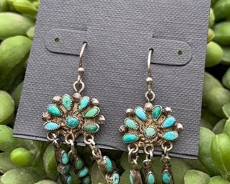 Vintage sterling silver and turquoise petit point chandelier earrings, Native American Zuni