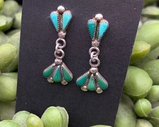 Vintage sterling silver and turquoise petit point drop earrings, Native American Zuni