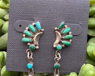 Vintage sterling silver and turquoise petit point dangle earrings, Native American Navajo