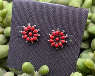 Vintage sterling silver and coral petit point chandelier earrings, Native American Zuni
