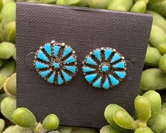 Vintage sterling silver and turquoise petit point post earrings, Native American Navajo