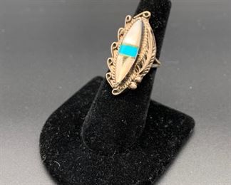 Vintage sterling silver, mother of pearl and turquoise ring, Native American