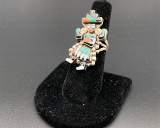Vintage sterling silver inlaid kachina ring, Native American