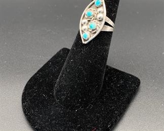 Vintage sterling silver and turquoise ring with floral motif, Native American Navajo