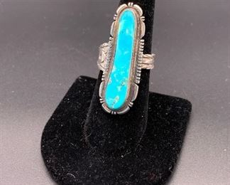 Vintage adjustable sterling silver and turquoise ring, Native American Navajo