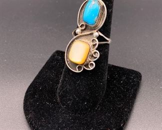 Vintage sterling silver, turquoise and shell ring, Native American Navajo