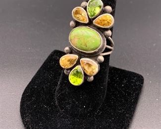 New sterling silver, green turquoise, citrine and peridot statement ring, Native American Navajo