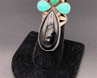 New sterling silver, onyx and turquoise ring, Native American Navajo
