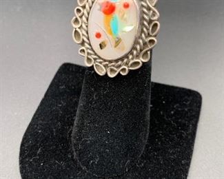 Vintage sterling silver ring with multi-stone inlay in a bird motif, Native American Navajo