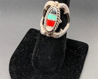 Vintage sterling silver sandcast ring with multi-stone inlay, Native American