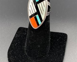 Vintage sterling silver ring with mother of pearl, coral and turquoise inlay, Native American Zuni