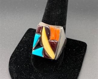 Vintage sterling silver multi-stone men's ring, Native American Navajo