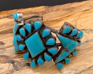 Vintage sterling silver and Kingman turquoise statement cuff bracelet, Native American Navajo