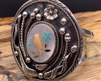 Vintage sterling silver and multi-stone inlay statement cuff bracelet, Native American Navajo