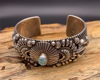 New Darryl Becenti sterling silver and Dry Creek turquoise statement cuff bracelet, Native American Navajo