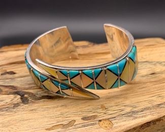 Vintage sterling silver, turquoise and shell inlay wrap style cuff bracelet, Native American Navajo