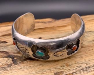 Vintage sterling silver, turquoise and coral cuff bracelet with a floral shadowbox motif, Native American Navajo