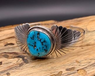 Vintage sterling silver and turquoise cuff bracelet with graduated fluted design, Native American Navajo