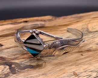 Vintage sterling silver and multi-stone inlay cuff bracelet, Native American Navajo (as-is, tiny chip in turquoise)