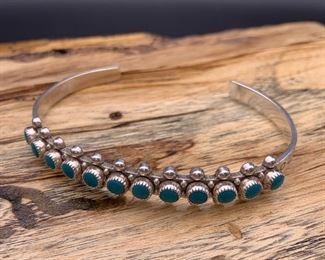Vintage sterling silver and turquoise snake eyes cuff bracelet, Native American Zuni