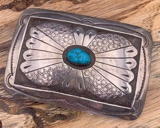 Vintage sterling silver and turquoise belt buckle, Native American Navajo