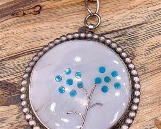 Vintage sterling silver, shell and turquoise inlay pendant necklace with sweet engraving on the reverse, Native American Zuni