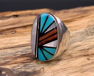 Vintage sterling silver and multi-stone inlay men's ring, Native American Zuni