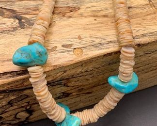 Vintage turquoise nugget and shell heishi necklace, Native American
