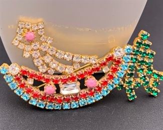 Czech rhinestone crescent moon with shooting star pin