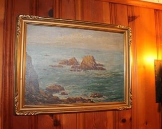 Rocks and seashore (California coast?) framed vintage painting by Andreas Roth (1872-1949), 1948
