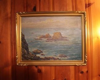 Rocks and seashore (California coast?) framed vintage painting by Andreas Roth (1872-1949), 1948
