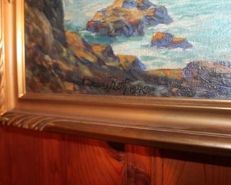 Rocks and seashore (California coast?) framed vintage painting by Andreas Roth (1872-1949), 1948