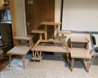 mid century limed oak plant stand, coffee table, and 2 side tables