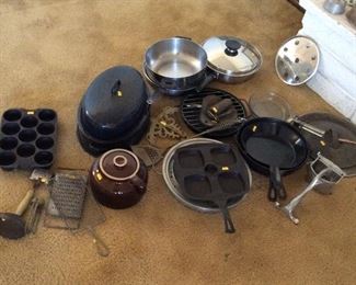Vintage cookware cast iron frying pans, muffin, roaster pan. Brown bean pot. Vintage utensils.