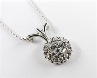 14k White Gold Diamond Halo Pendant