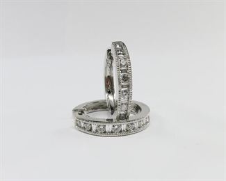 14k White Gold Round and Baguette Diamond Hoops