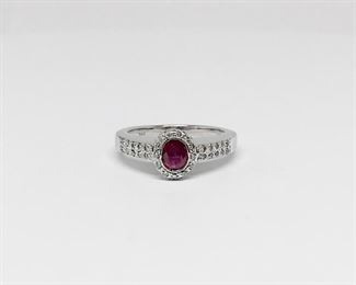 14k White Gold Ruby and Diamond Halo Ring