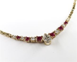 14k Yellow Gold Pear Shape Diamond and Ruby Necklace