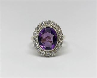 Yellow Gold Amethyst and Diamond Halo Ring