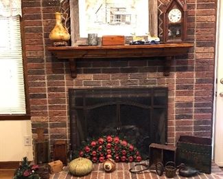 antique candle boxes, antique ice clamps, mantel clock, antique crates, dough bowls