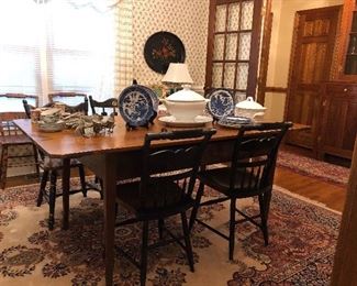 Antique pine harvest table, 4 Hitchcock chairs