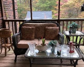 Wicker love seat, coffee table, end table and chair