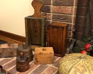 Antique candle boxes and butter molds