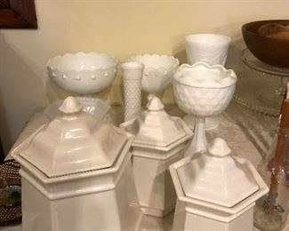 Various milk glass and canister set