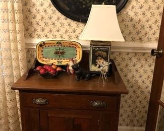 Antique pine commode, large Tole painted platter, Antique Tin lamp